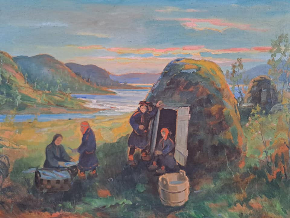 vanha taulu, jossa turvekammi ja ihmisiä